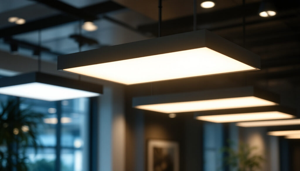 A photograph of a well-lit commercial or office space featuring sleek troffer lights in action