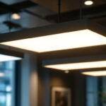 A photograph of a well-lit commercial or office space featuring sleek troffer lights in action