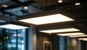 A photograph of a well-lit commercial or office space featuring sleek troffer lights in action