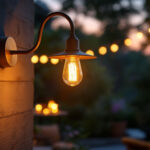 A photograph of a stylish gooseneck outdoor light fixture elegantly illuminating a cozy patio or garden setting during twilight