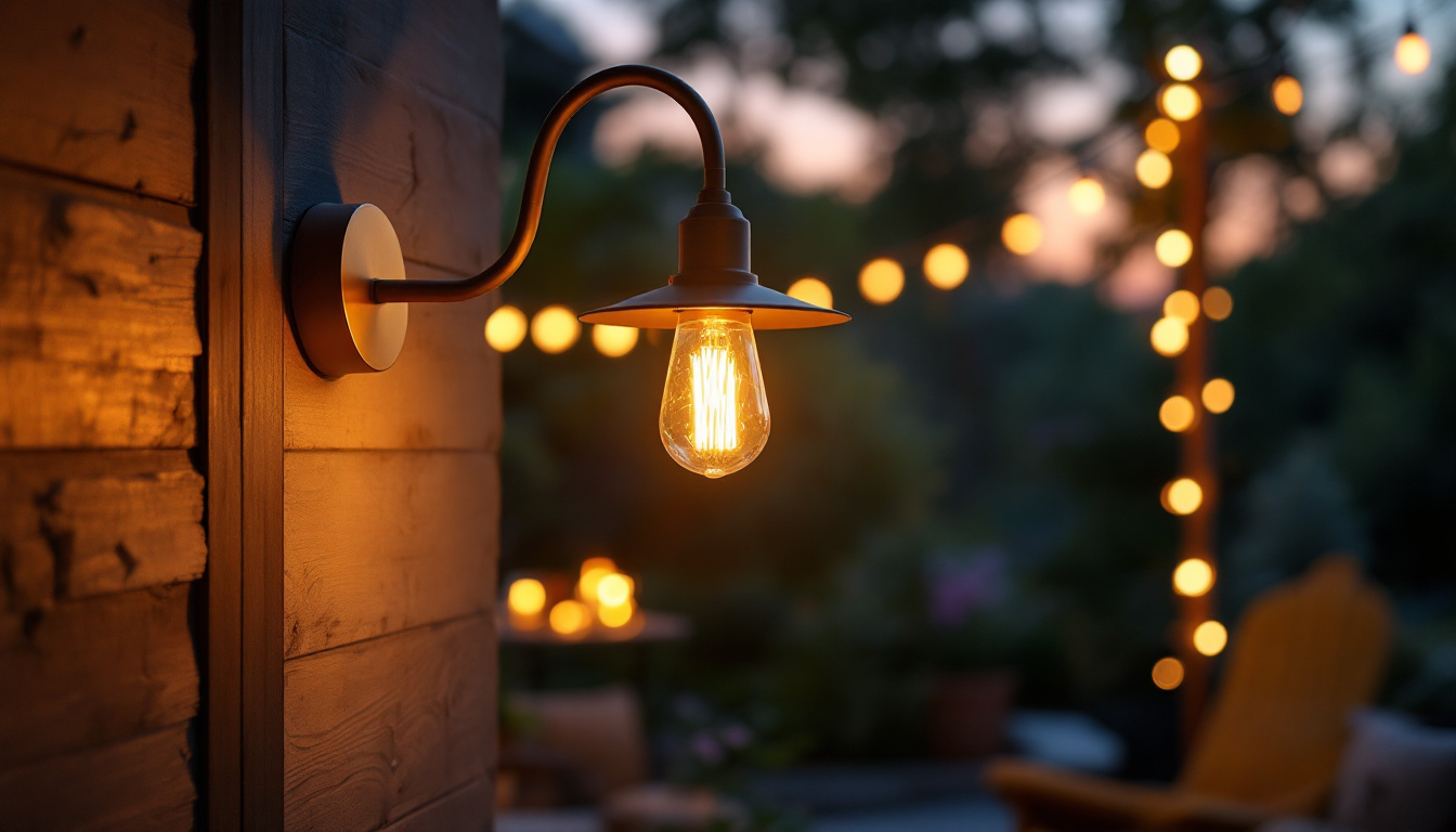 A photograph of a stylish gooseneck outdoor light fixture elegantly illuminating a cozy patio or garden setting during twilight