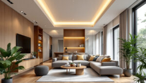 A photograph of a beautifully designed interior space showcasing 6-inch led recessed lighting