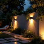 A photograph of a beautifully illuminated outdoor space featuring stylish led wall lights