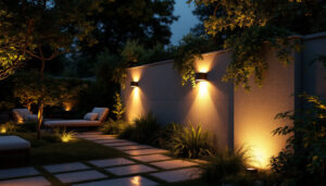 A photograph of a beautifully illuminated outdoor space featuring stylish led wall lights