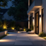 A photograph of a well-designed outdoor space featuring various stylish led exterior light fixtures