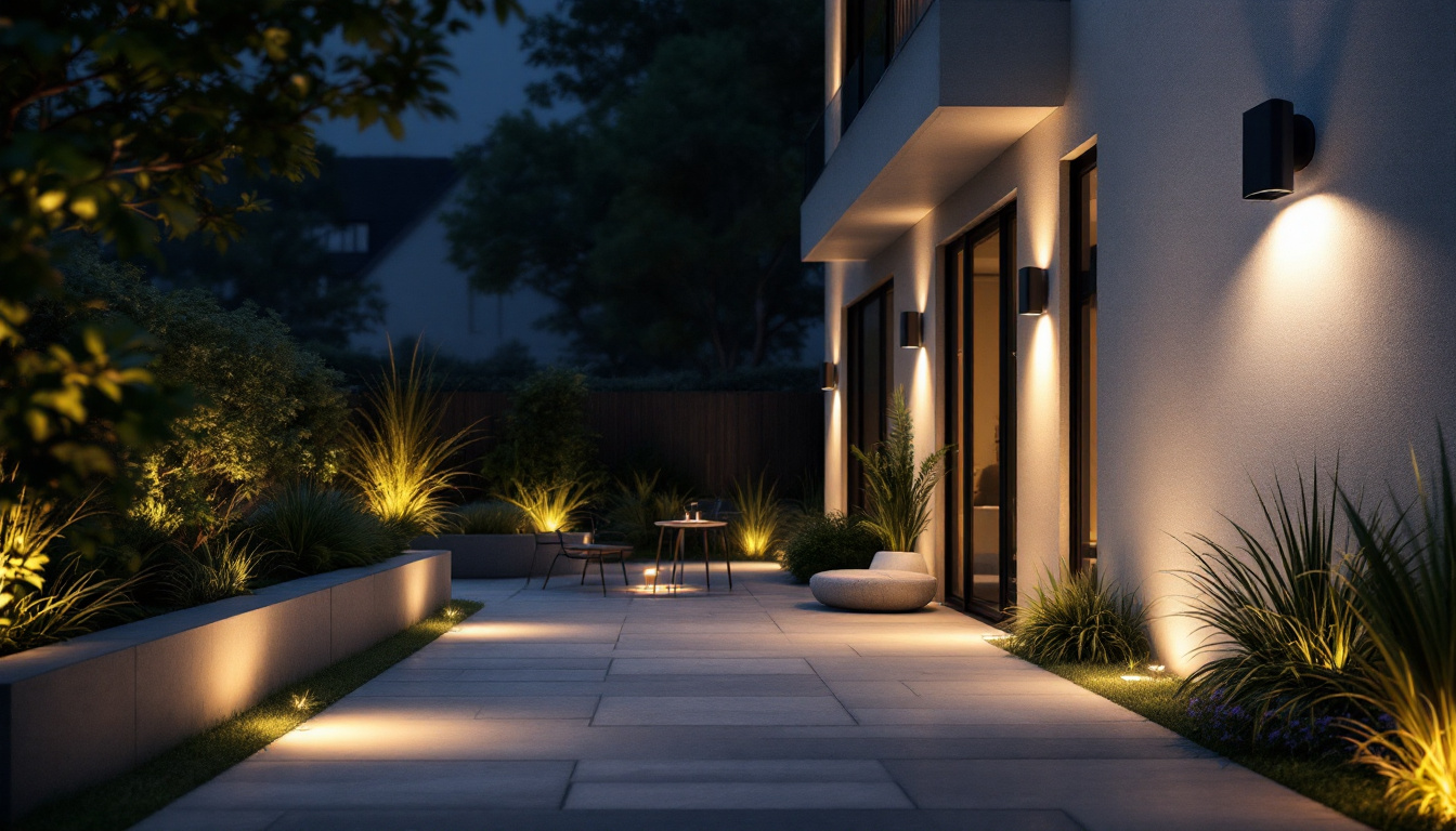 A photograph of a well-designed outdoor space featuring various stylish led exterior light fixtures