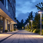 A photograph of a well-lit outdoor commercial space showcasing various led light fixtures in use