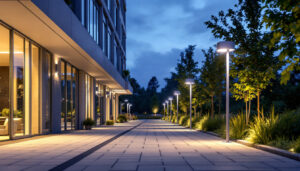 A photograph of a well-lit outdoor commercial space showcasing various led light fixtures in use