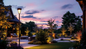 A photograph of a beautifully illuminated outdoor space featuring extra large post lights