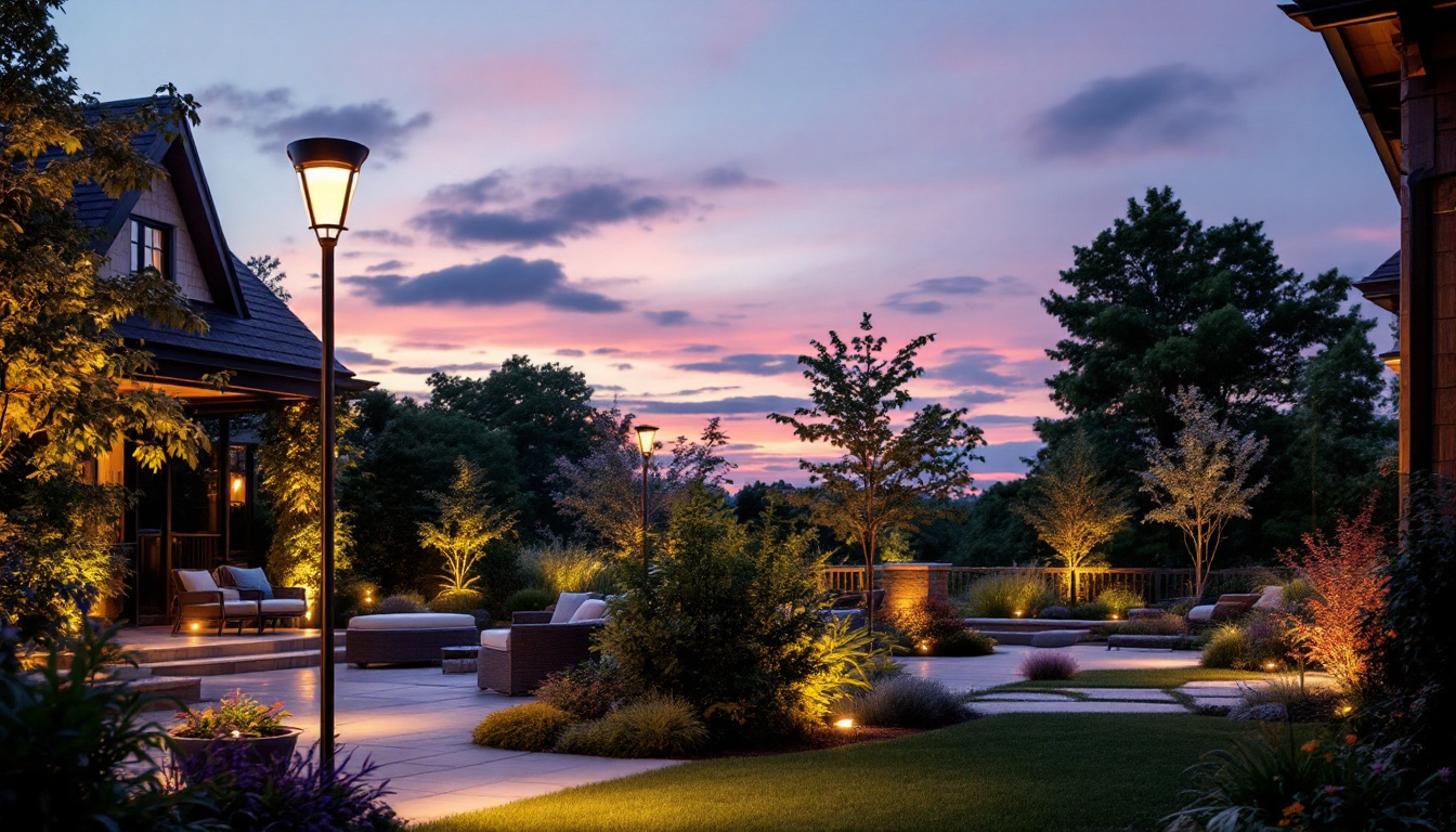A photograph of a beautifully illuminated outdoor space featuring extra large post lights