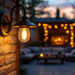 A photograph of a beautifully designed outdoor light fixture illuminating a cozy patio or garden setting at dusk