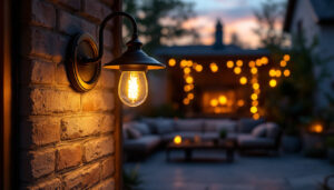 A photograph of a beautifully designed outdoor light fixture illuminating a cozy patio or garden setting at dusk