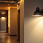 A photograph of a well-lit basement featuring an energy-efficient light fixture