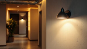 A photograph of a well-lit basement featuring an energy-efficient light fixture