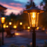 A photograph of a beautifully illuminated outdoor space at dusk