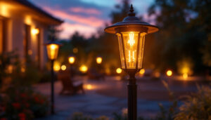 A photograph of a beautifully illuminated outdoor space at dusk