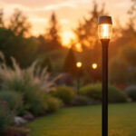 A photograph of a skilled lighting contractor installing outdoor led post lights in a beautifully landscaped setting during the golden hour