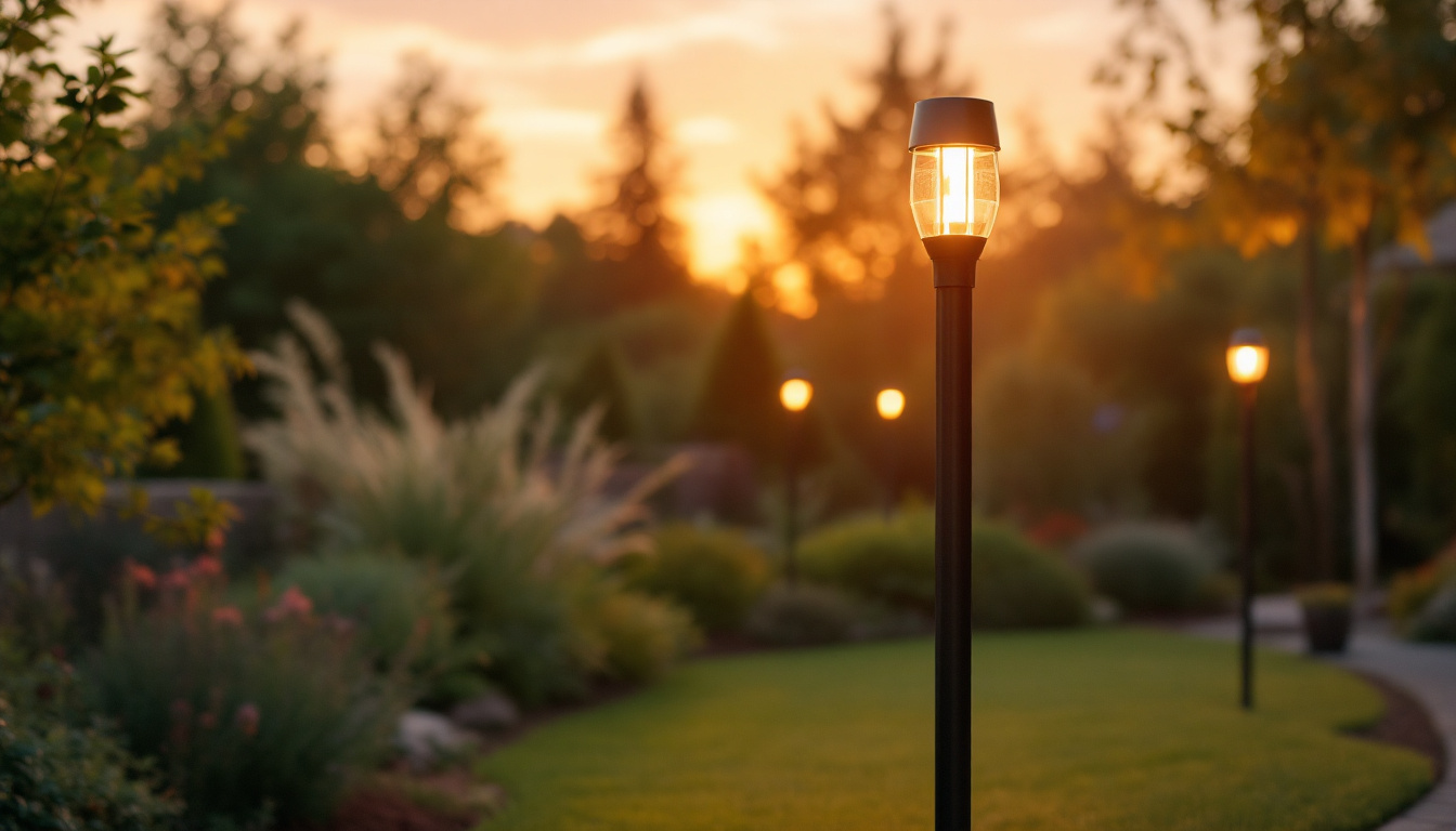 A photograph of a skilled lighting contractor installing outdoor led post lights in a beautifully landscaped setting during the golden hour