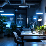A photograph of a well-lit workspace featuring 4-foot fluorescent light bulbs in use