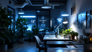A photograph of a well-lit workspace featuring 4-foot fluorescent light bulbs in use
