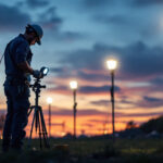 A photograph of a lighting contractor expertly installing field lights at dusk