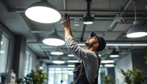 A photograph of a lighting contractor expertly installing modern suspended ceiling lighting in a commercial space