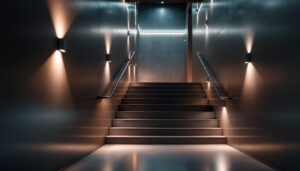 A photograph of a well-lit stairwell showcasing various lighting options