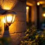 A photograph of a beautifully designed solar wall lantern illuminating a cozy outdoor setting