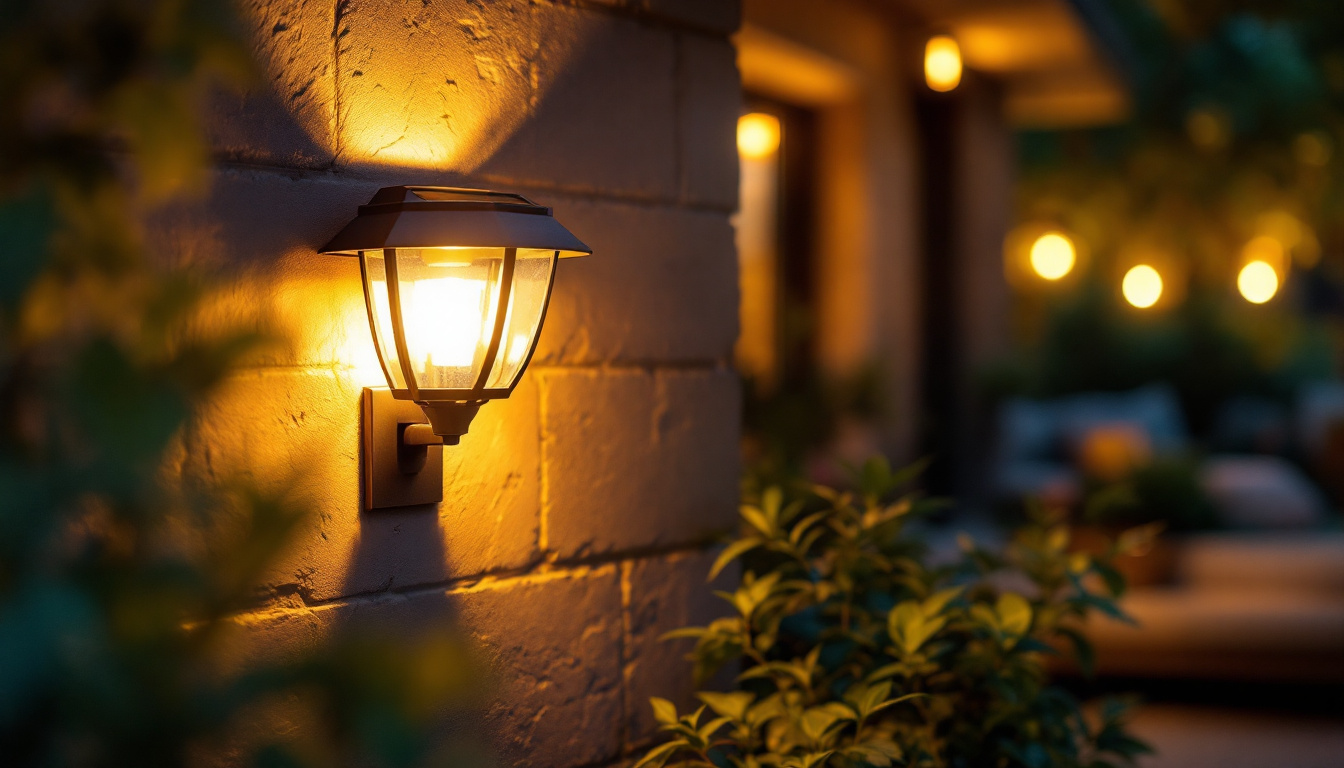 A photograph of a beautifully designed solar wall lantern illuminating a cozy outdoor setting