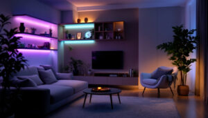 A photograph of a beautifully arranged led tape light kit illuminating a modern living space