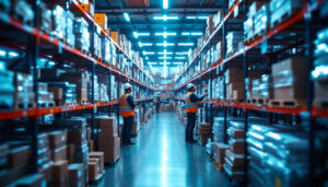 A photograph of a well-organized warehouse filled with vibrant led lights