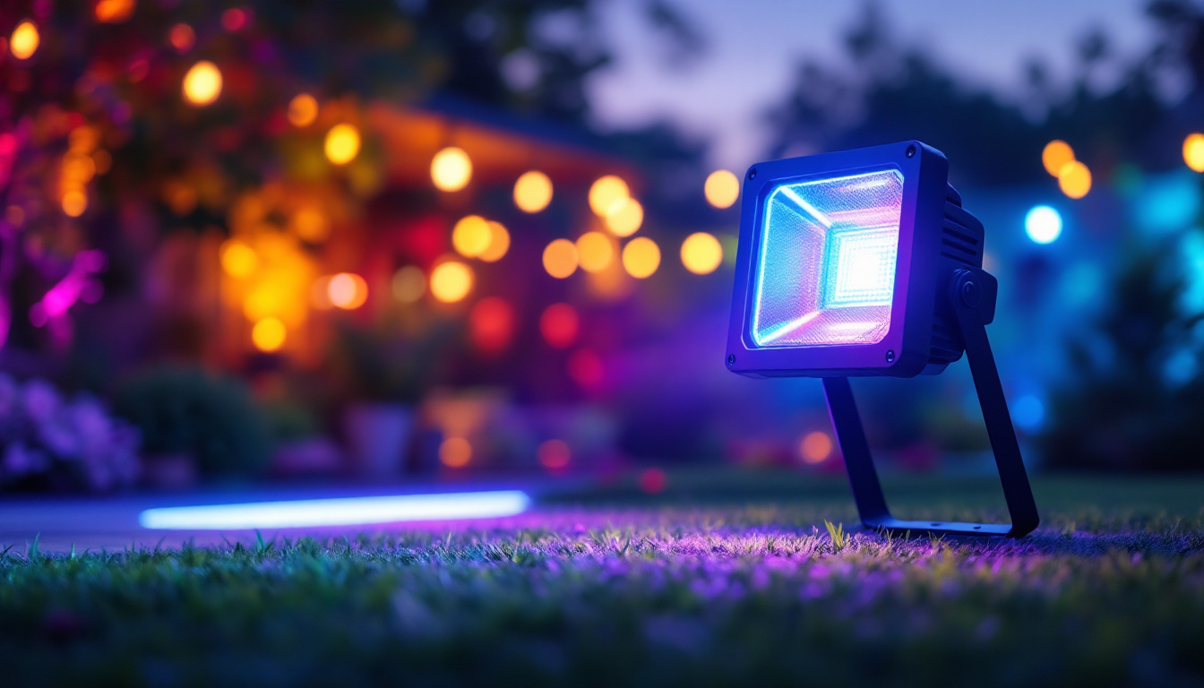 A photograph of a vibrant outdoor scene showcasing a multi-color flood light illuminating a garden or patio area at dusk