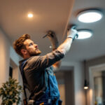 A photograph of a skilled lighting contractor installing recessed lighting in a modern home interior