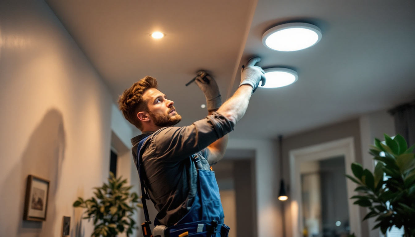 A photograph of a skilled lighting contractor installing recessed lighting in a modern home interior