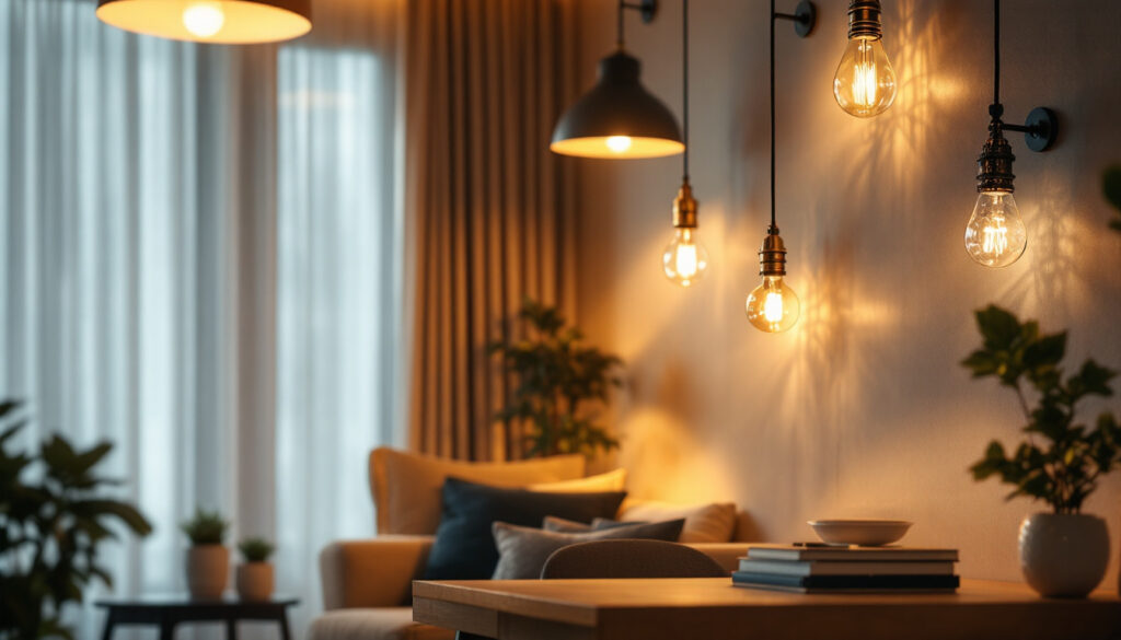 A photograph of a beautifully lit interior space showcasing a variety of stylish light fixtures