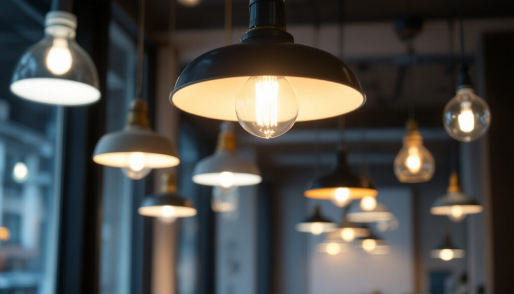 A photograph of a well-lit commercial space showcasing a variety of stylish pendant lights in use