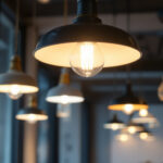 A photograph of a well-lit commercial space showcasing a variety of stylish pendant lights in use