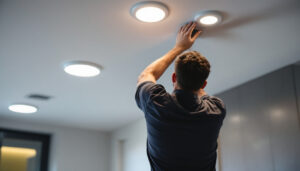 A photograph of a modern interior space featuring recessed ceiling can lights in action