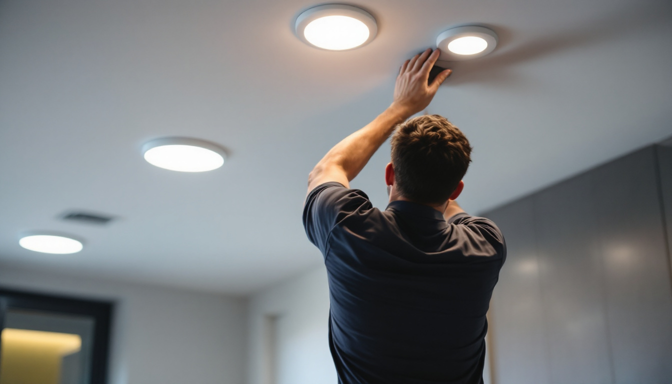 A photograph of a modern interior space featuring recessed ceiling can lights in action