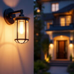 A photograph of a stylish wall-mounted exterior light fixture illuminating a beautifully landscaped entrance of a home during twilight
