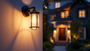 A photograph of a stylish wall-mounted exterior light fixture illuminating a beautifully landscaped entrance of a home during twilight