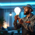 A photograph of a lighting contractor in action
