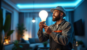 A photograph of a lighting contractor in action