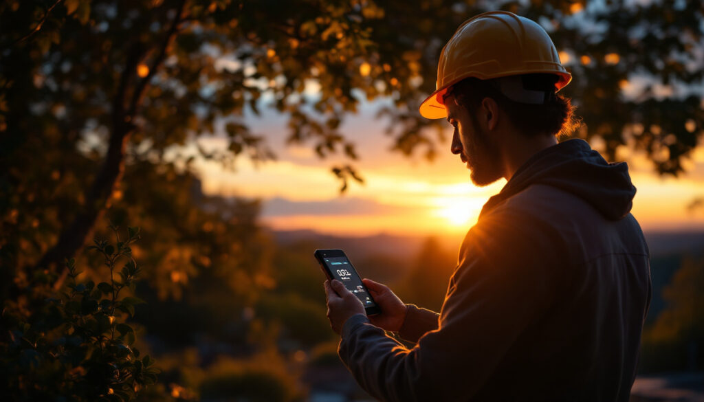 A photograph of a lighting contractor using a high-tech sunrise sunset timer in an outdoor setting