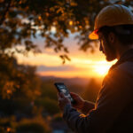 A photograph of a lighting contractor using a high-tech sunrise sunset timer in an outdoor setting