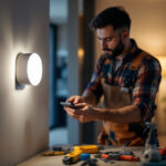 A photograph of a lighting contractor installing a motion detector in a modern home setting