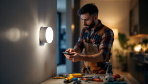 A photograph of a lighting contractor installing a motion detector in a modern home setting