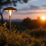 A photograph of a beautifully designed solar-powered lamp in an outdoor setting