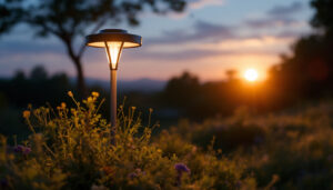 A photograph of a beautifully designed solar-powered lamp in an outdoor setting