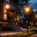 A photograph of a beautifully illuminated outdoor space featuring solar pole lamps in action